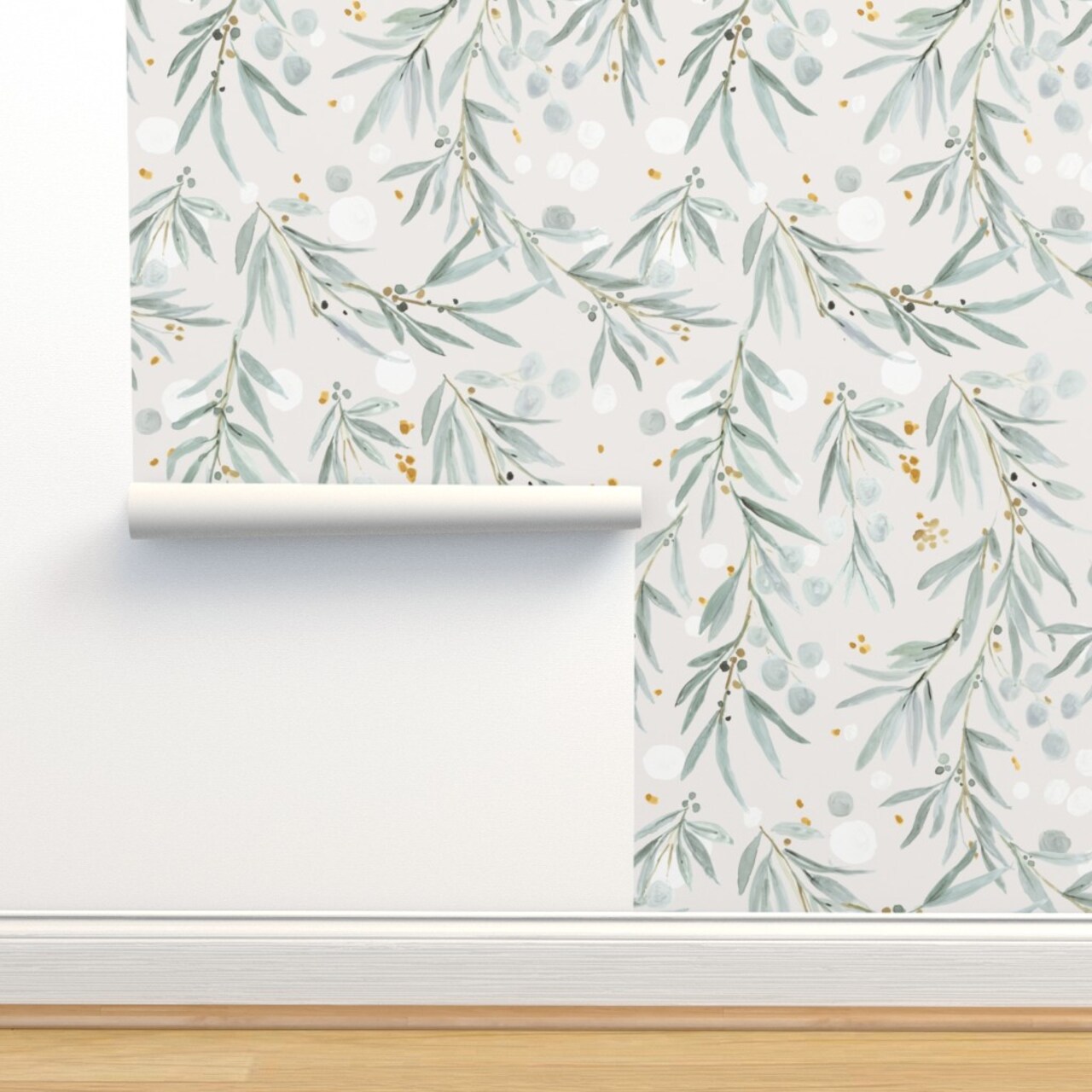 Leaves Gray Watercolor Botanical Blue Green Watercolour Eucalyptus Custom Pre-pasted Wallpaper by Spoonflower Pre-Pasted Wallpaper 2FT Wide